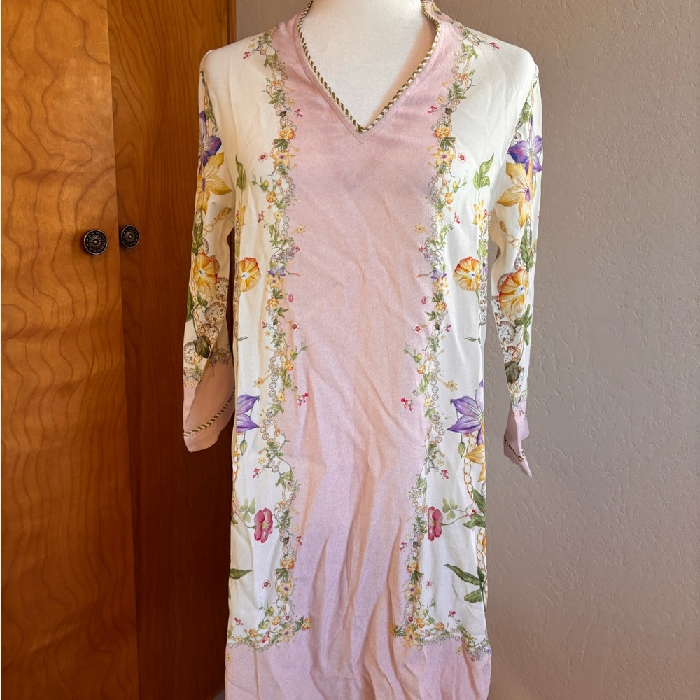 Floral V-Neck Dress - Pink and Cream
